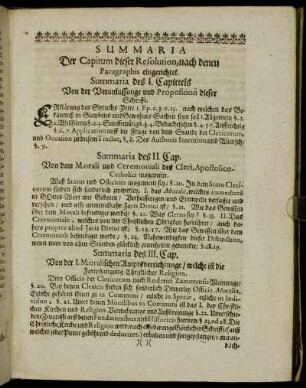 Summaria Der Capitum dieser Resolution, nach denen Paragraphis eingerichtet.