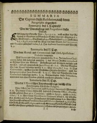 Summaria Der Capitum dieser Resolution, nach denen Paragraphis eingerichtet.
