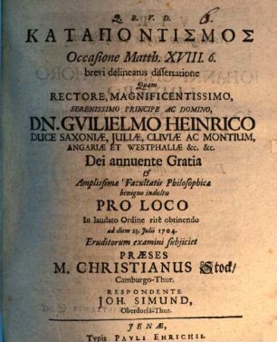 Katapontismos occasione Matth. 18,6. brevi delineatus dissertatione