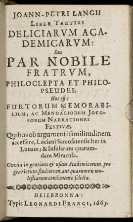 3: Joann-Petri Langii Liber ... Deliciarum Academicarum. 3
