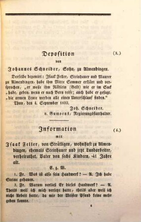 Untersuchungsakten über die in der Republik Bern im Jahr 1832 stattgefundenen Reaktionsversuche. 47, Untersuchungsacten gegen Isaak Feller, von Strättlingen, wohnhaft zu Almendingen bei Thun