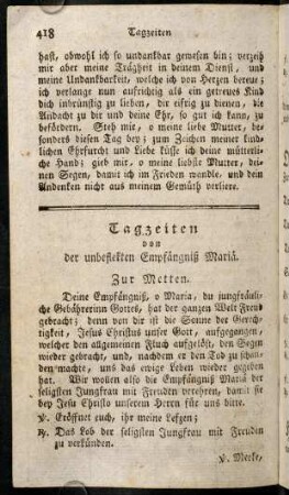 418-427, Tagzeiten von der unbefleckten Empfaengniß Mariae.