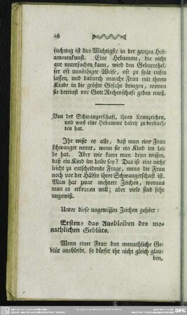 Von der Schwangerschaft, ihren Kennzeichen, und was eine Hebamme dabey zu beobachten hat