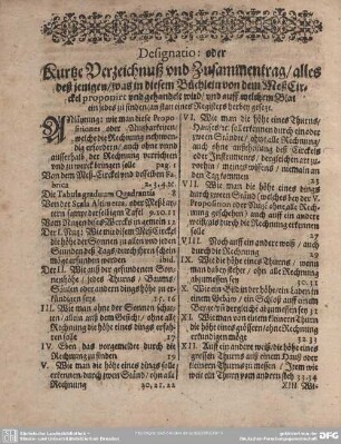 Designation: oder Kurtze Verzeichnuß und Zusammentrag/ alles deß jenigen/was in diesem Büchlein von dem MeßCirckel proponirt und gehandelt wird/ und auff welchem Blat ein jedes zu finden/ an statt eines Registers herbey gesetzt.