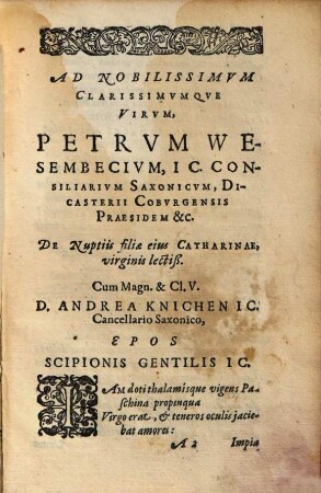 Hymenaevs [Hymenaeus] Altorphinae Academiae, In Nuptias Magn. V. Andreae Knichen IC. & Cancell. Saxonici, Et Catharinae Vesembeciae, Nobiliss. & Lectiss. Virginis