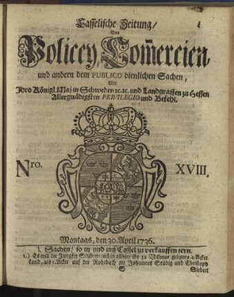 Nro. XVIII, Montags, den 30. April 1736