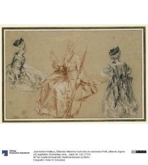 Sitzendes Mädchen nach links im verlorenen Profil, sitzende Jägerin mit Jagdfalken, Rückenfigur eines Mädchens