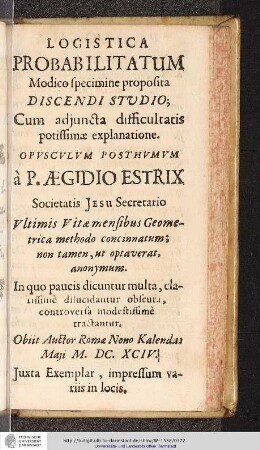 Logistica Probabilitatum - Titelseite