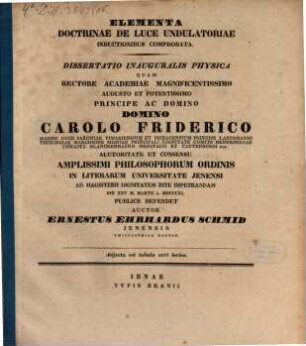 Elementa doctrinae de luce undulatoriae inductionibus comprobata : Dissert. inaug. physica ; Adiecta est tabula aeri incisa