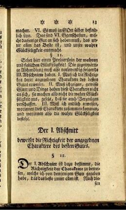 Der I. Abschnitt beweiset die Richtigkeit der angegebnen Charaktere des besten Gutes.