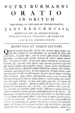 Oratio On Obitum Viri Optimi, Et Poëtarum Sui Temporis Principis, Jani Broukhusii, [...]