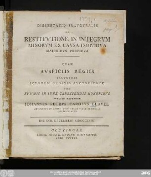 Dissertatio Inavgvralis De Restitvtione In Integrvm Minorvm Ex Cavsa Individva Maioribvs Proficva