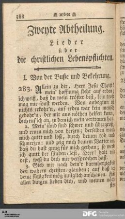 Zweyte Abtheilung. Lieder über die christlichen Lebenspflichten.