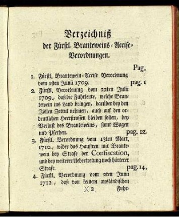 Verzeichniß der Fürstl. Branteweins-Accise-Verordnungen.