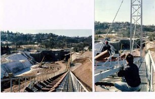 Engelbergbasistunnel im Bau Vor dem Nordportal. Montage des Förderbandes zum Abtransport des Erd- und Felsausbruchs aus dem Tunnel.