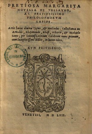 Pretiosa Margarita novella de thesauro ac pretiosissimo philosophorum lapide