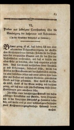 VI. Proben aus Leibnizens Correspondenz über die Vereinigung der Lutheraner und Reformirten