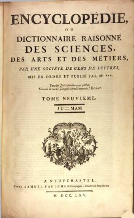 Encyclopédie Ou Dictionnaire Raisonné Des Sciences, Des Arts Et Des Métiers, 9. Ju - Mam