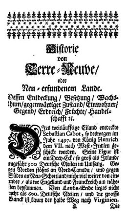 Historie von Terre-Neuve oder Neu-erfundenem Lande.