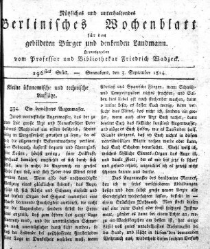 296stes Stueck, Sonnabend, den 3.September 1814