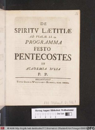 De Spiritv Lætitiæ Ad Psalm. LI. 14. Programma Festo Pentecostes In Academia Ivlia P. P