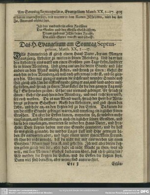 Das H. Evangelium am Sonntag Septuagesimae, Matth. XX, 1-17