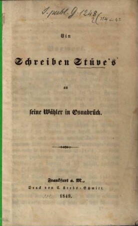 Ein Schreiben Stüve's an seine Wähler in Osnabrück : Hannover im Juli 1848