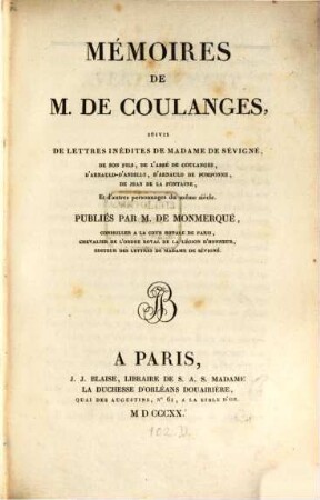 Mémoires : suivifs de lettres inédites de Madame Sévigné