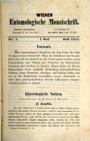 Wiener entomologische Monatsschrift. 1. 1857