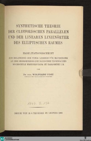 Synthetische Theorie der Cliffordschen Parallelen und der linearen Linienörter des elliptischen Raumes
