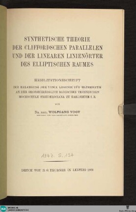 Synthetische Theorie der Cliffordschen Parallelen und der linearen Linienörter des elliptischen Raumes