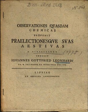 Observationes Qvasdam Chemicas : Proponit Praelectionesqve Svas Aestivas A. M.DCCLXXV