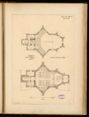 Evangelische Kirche, Conz bei Trier Monatskonkurrenz Mai 1892: Grundriss Erdgeschoss, Emporengeschoss 1:100; Maßstabsleiste