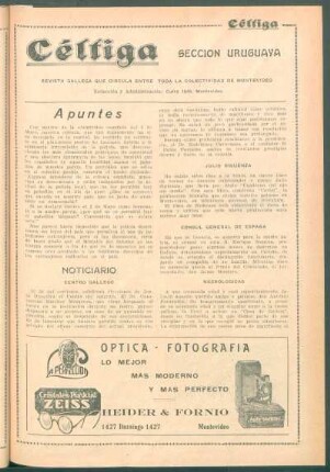 Noticiario : Centro Gallego[,] Julio Sigüenza[,] Cónsul General de España[,] Necrológicas[,] Homenaje al Ministro de España [y] El Ministro de España se despide