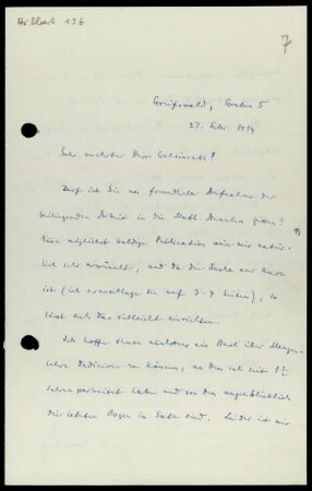 Nr. 7: Brief von Felix Hausdorff an David Hilbert, Greifswald, 27.2.1914