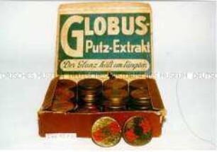 Dosen "Globus-Putz-Extrakt" für Metalle in Verpackung