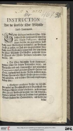 Instruction Vor die sämtliche Chur-Pfältzische Land-Lieutenants : [Mannheim den 20ten Aug. 1755]