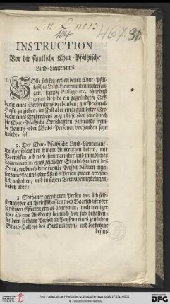 Instruction Vor die sämtliche Chur-Pfältzische Land-Lieutenants : [Mannheim den 20ten Aug. 1755]