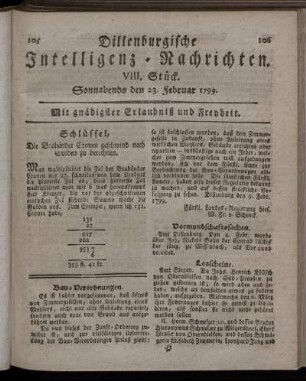 VIII. Stück. Sonnabends den 23. Februar 1799.