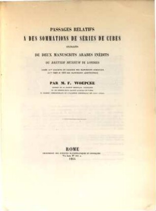 Passages relatifs à des sommations de séries de cubes extraits de deux manuscrits arabes inédits du British Museum de Londres cotés nos 417 et 419 des manuscrits orientaux