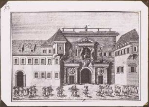 Das Pirnaische Thor 1679 (Der Armbrust- und Büchsenschützenaufzug durch die Schießgasse) : Das Pirnaische Thor 1679 (Der Armbrust- und Büchsenschützenaufzug durch die Schießgasse). Kupferstich; 11,6 x 17 cm (Bildspiegel)