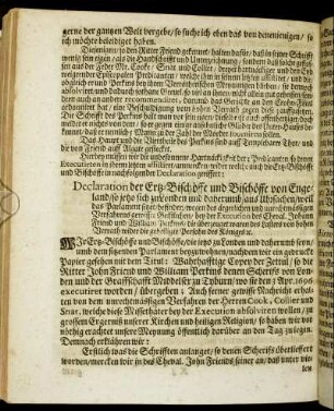 Declaration der Ertz-Bischöffe und Bischöffe von Engeland/ so jetzo sich zu London und daherumb/ aus Ursachen/ weil das Parlament sitzet/ befinden/ wegen des ärgerlichen und unrechtmässigen Verfahrens gewisser Geistlichen [...]