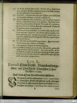 Lit. L. Extract ChurFürstl. Brandenburgischen, und ChurFürstl. Pfaltzischen Lehen-Brieffsformulen