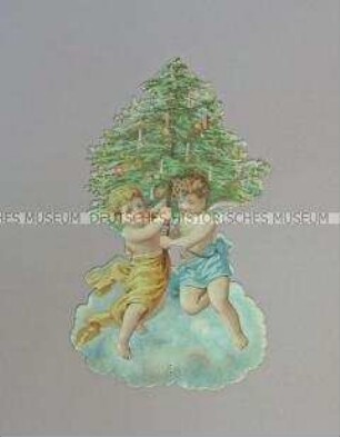 Christbaumschmuck: zwei Engel mit Weihnachtsbaum