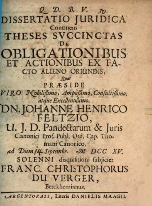 Diss. iur. continens theses succinctas de obligationibus et actionibus ex facto alieno oriundis