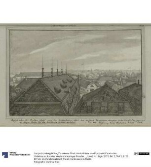 Dorotheen-Stadt. Ansicht über den Ponton Hoff nach den Unterbaum. Aus des Meslers Häusinger Fenster unter den Linden gezeichnet. an dieser Stelle ist die Artellerieschulen erbauet.