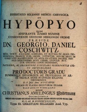 Dissertatio Solemnis Medico-Chirvrgica De Hypopyo