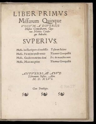 Liber primus missarum quinque vocum a diversis musicis... Superius
