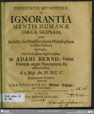 Dissertatio Metaphysica De Ignorantia Mentis Humanae Circa Seipsam ...
