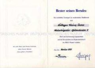 Urkunde zur Ehrenplakette "Bester seines Berufes"